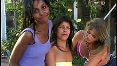 African beauty with small tits gets drilled with dildo by hotties by the pool